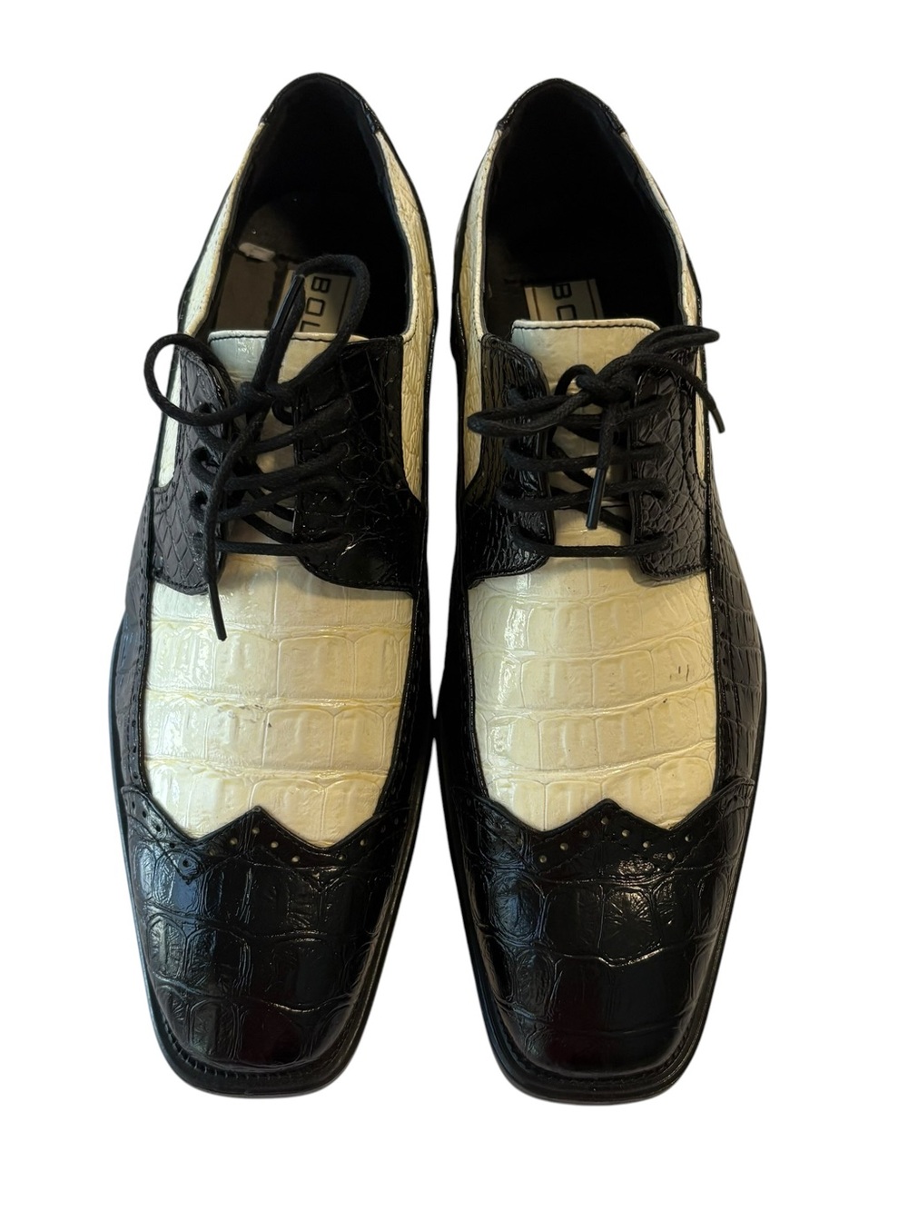 Bolano Mens Size 9.5 Black White Two Tone Gator Embossed Oxford Dress Shoes